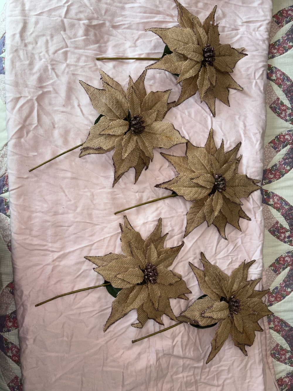Golden Burlap Poinsettia Stem - Holiday Home Decor or Christmas tree ornaments